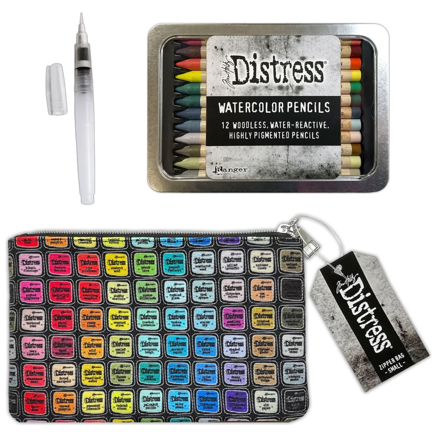 Tim Holtz Distress Watercolor Pencils 5 Waterbrush And 5x8 Zipper Bag Bundle